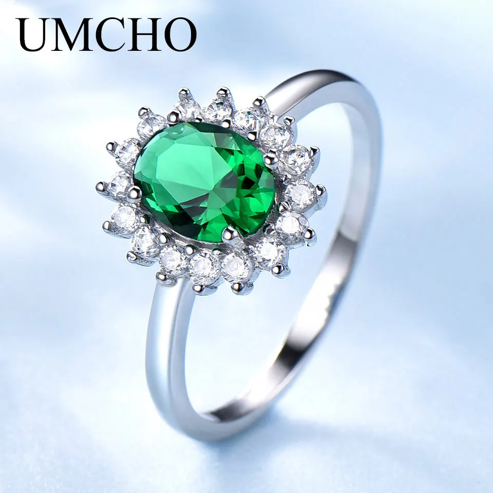 

UMCHO Princess Diana Rings 925 Sterling Silver Jewelry Created Nano Emerald Rings Best Anniversary Gift For Women Fine Jewelry