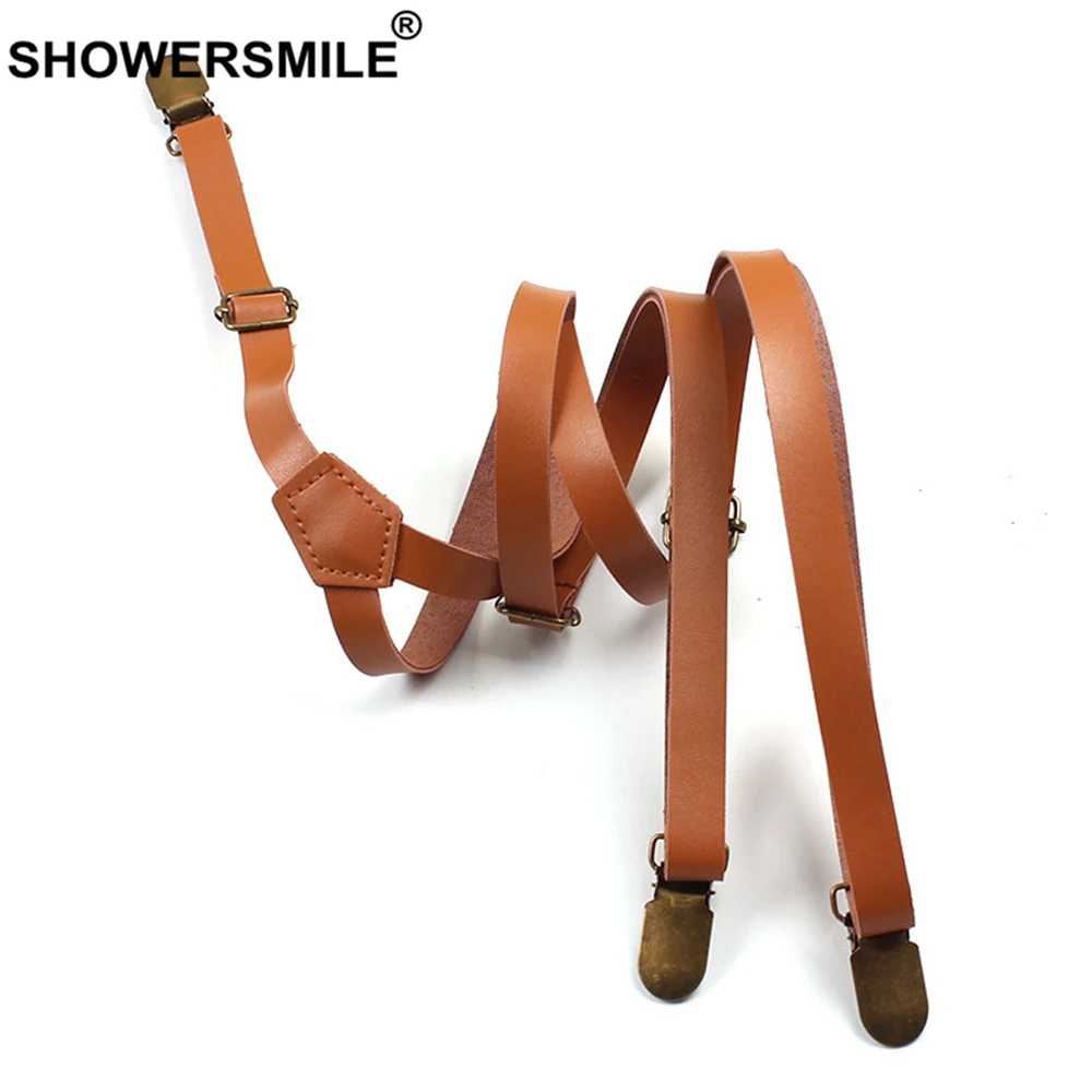 SHOWERSMILE, кожаные подтяжки для женщин, коричневые, регулируемые, для брюк, ремень, женский, 3 зажима, пряжка, британский стиль, для девушек, элегантные подтяжки, брюки