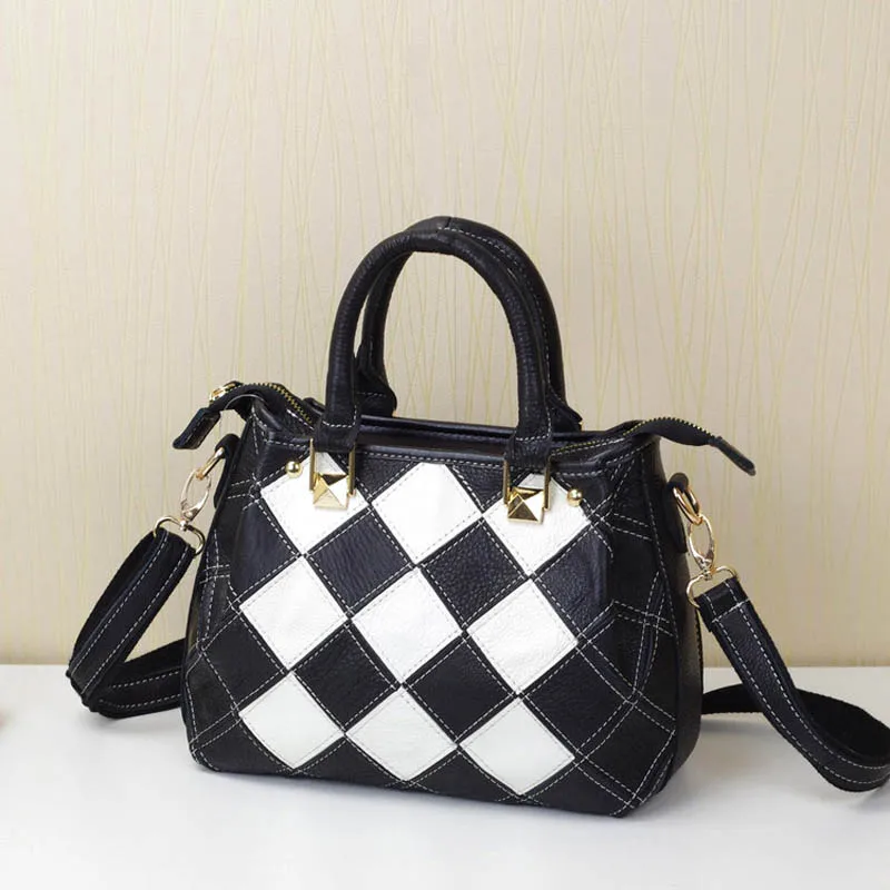 iPinee New Fashion Cow Leather Shoulder Bag Ladies Casual Handbags Elegant Style Colorful Block Plaid Design Women Bags |