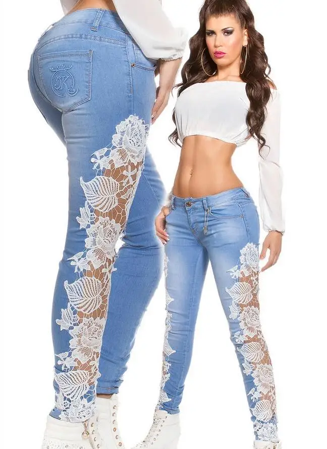 2018 Летний стиль Для женщин Джинсы с вышивкой длинные Брюки для девочек Кружево