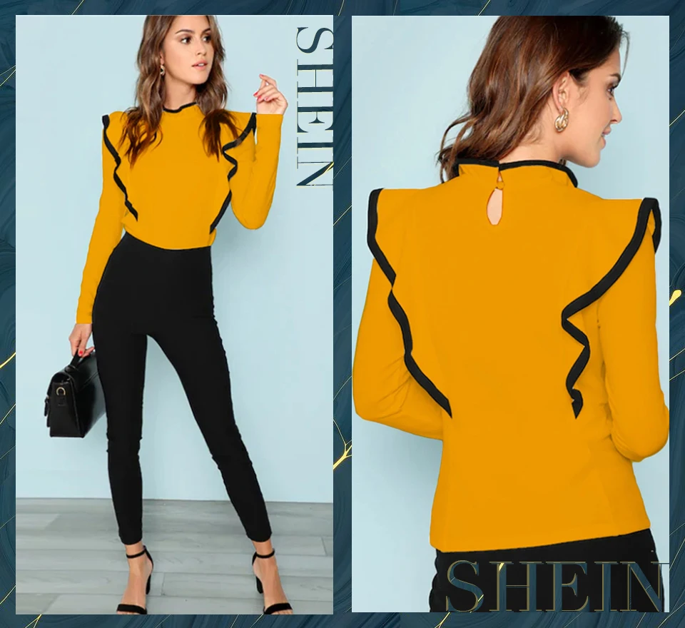 SHEIN модная повседневная Элегантная футболка на пуговицах с воротником-стойкой, рабочая одежда с длинным рукавом, Женская Осенняя простая Минималистичная футболка