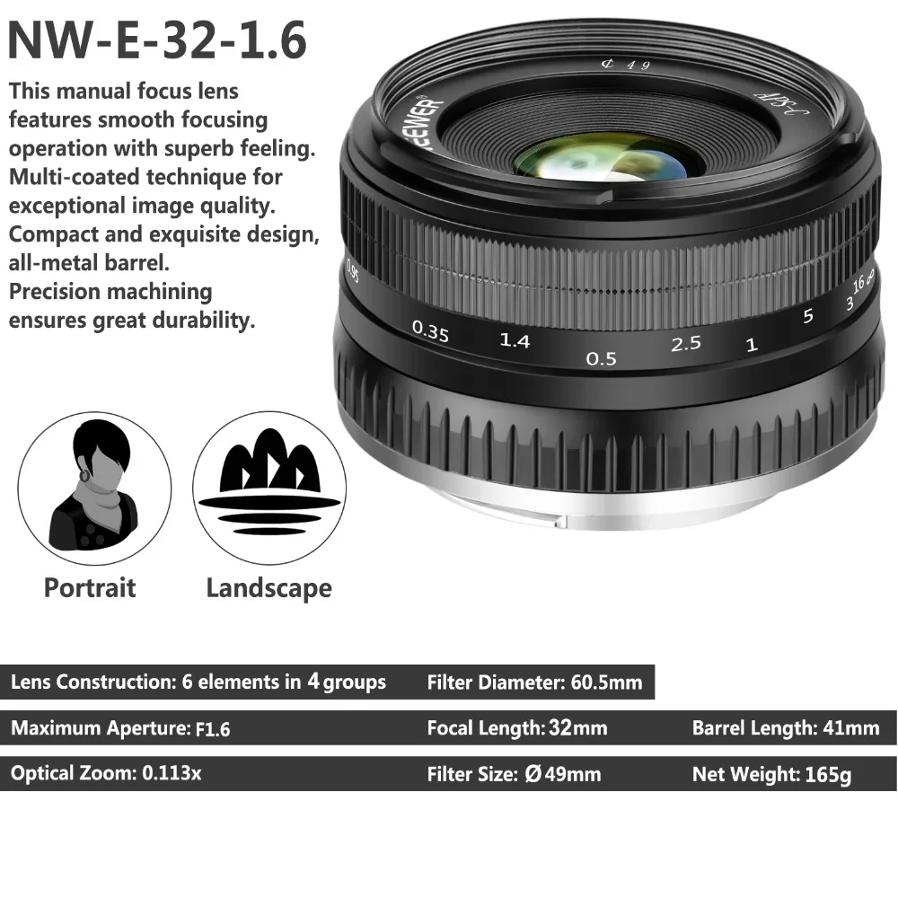 Neewer 32 мм F1.6 ручная Основная камера с большой диафрагмой и фиксированным
