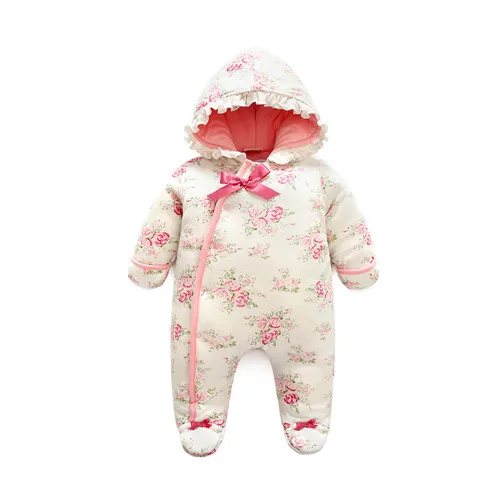 wihte jumpsuit Зимние комбинезоны для новорожденных девочек; плотный теплый хлопковый комбинезон; одежда с капюшоном; Рождественский комбинезон принцессы с цветочным рисунком для девочек - Цвет: wihte jumpsuit