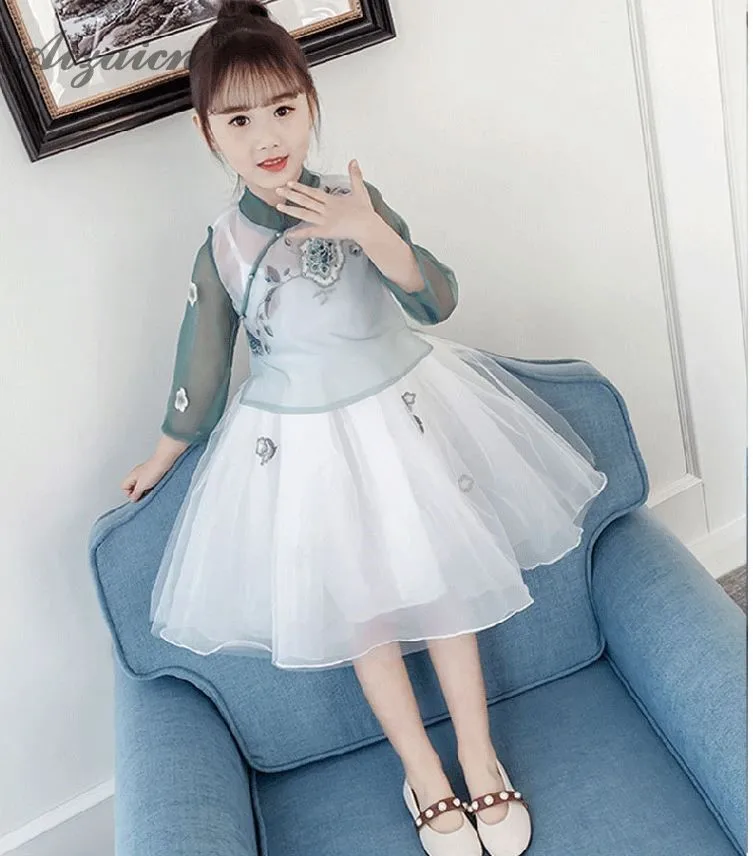 Темно-зеленые детские платья Cheongsam в ориентельском стиле из двух предметов детское традиционное китайское платье Qipao юбка принцессы из пряжи