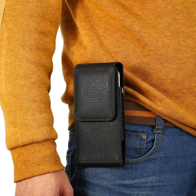 Вертикальный мужской кожаный чехол с зажимом для крепления на поясной ремень