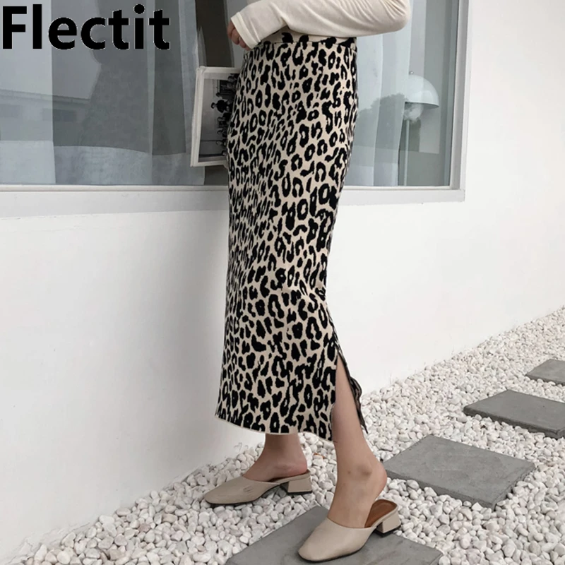 Leopard Flectit женская обувь трикотажная Юбка-миди Высокая Талия сбоку Разделен - Цвет: Leopard