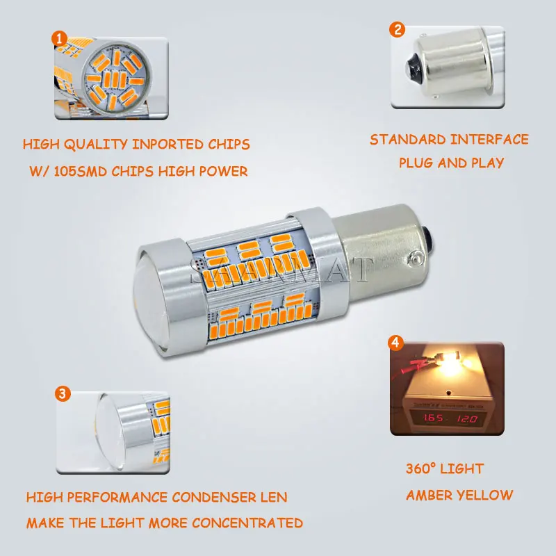 2 шт. Canbus T20 7440 W21W WY21W 105-SMD 2000LM Янтарный Желтый Canbus обратный светильник передний задний поворотник DRL дневные ходовые огни