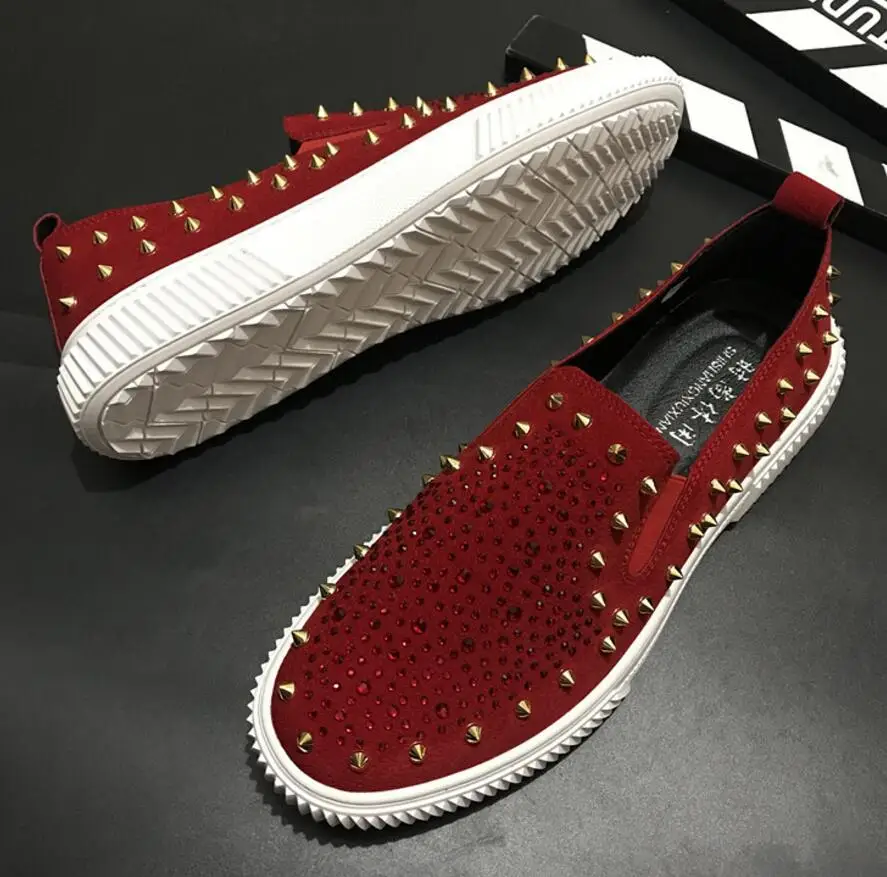 B-99 Red Black white Bottom Fashion Silver Rivet loafers Spikes Casual Dress Glitter Smoking Slipper Men shoe | Обувь