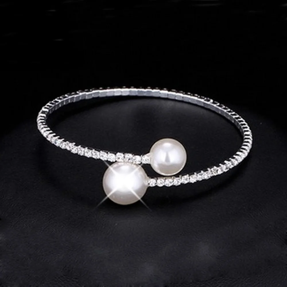 Silver bracelet AINAMEISI, Модные Простые Свадебные Ювелирные наборы с искусственным жемчугом, регулируемое ожерелье, браслет для женщин, Кристальные Свадебные ювелирные изделия, подарок - Окраска металла: Silver bracelet
