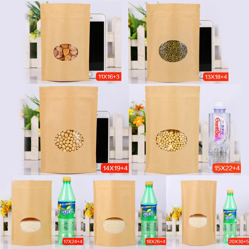 50 шт./лот стоьте вверх мешки из крафт-бумаги ZipLock с прозрачным окном пакеты на