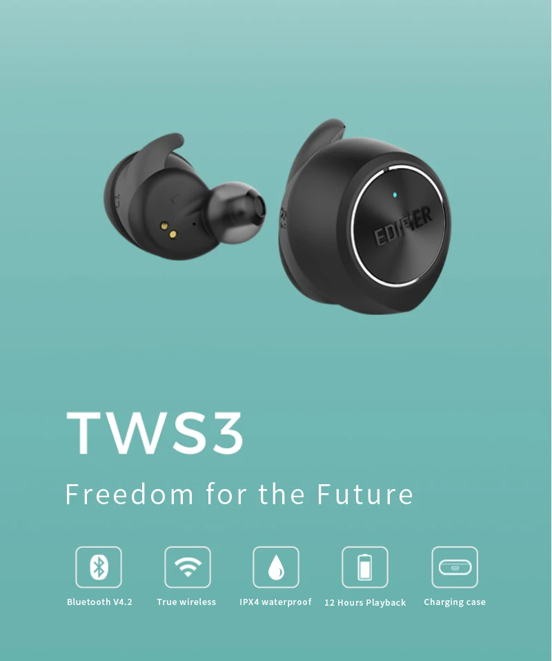EDIFIER TWS, 3 TWS, настоящий беспроводной Bluetooth V4.2, наушники-вкладыши с зарядным устройством и съемными ушными крыльями, Многофункциональная кнопка