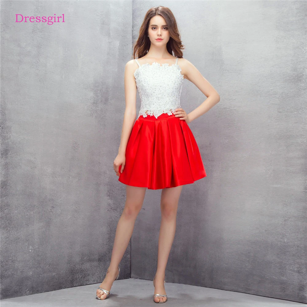 

Red Homecoming Dresses A-line Spaghetti Straps Short Mini Satin Lace Beaded Backless Elegant Cocktail Dresses