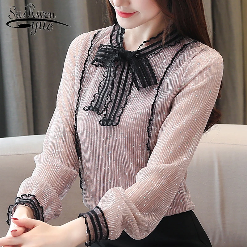 Женская шифоновая блузка с длинным рукавом повседневная однотонная бантом на