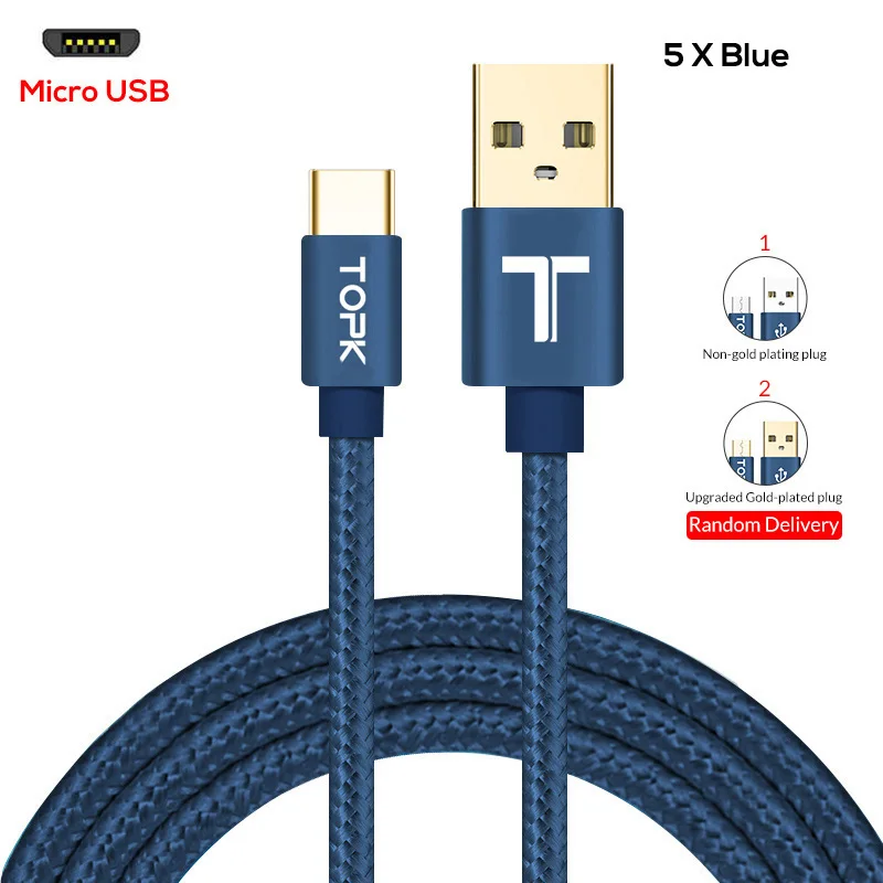 5x Blue Cable Кабель TOPK usb type-C с нейлоновой оплеткой для синхронизации данных и USB-C, зарядный кабель для samsung Galaxy S9 S8 XiaoMi 8 5X, кабель для мобильного телефона, 5 шт. в упаковке - Цвет: 5x Blue Cable