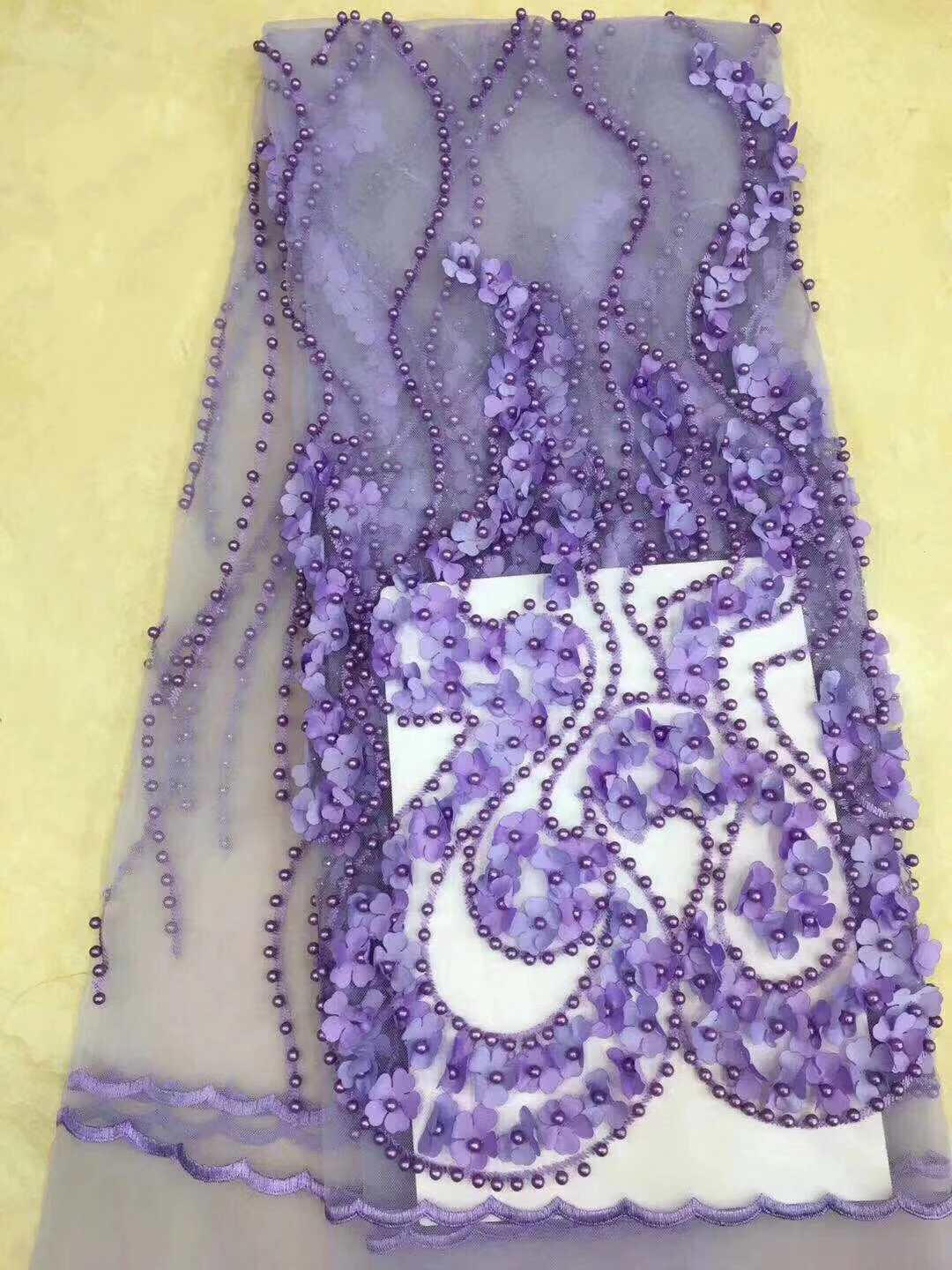 

Purple 3D African French Mesh Net Lace Fabric For Evening Party Dress 2019 New Nigerian Beaded Lace Fabric For Wedding KCD9130