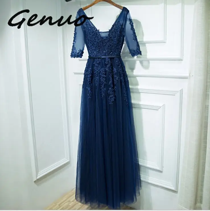 Genuo Новое сексуальное платье с v-образным вырезом Robe De Soiree Высокое качество Серый Тюль с аппликацией платья настоящая фотография vestido de festa