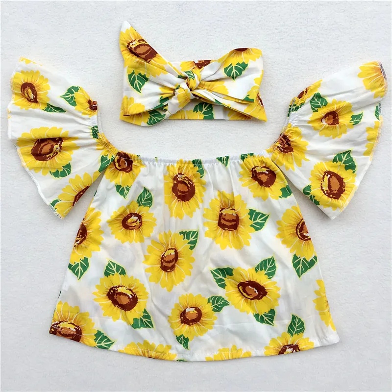 Lovely Toddler Baby Clothes Girls Floral Ruffle Butterfly Sleeves Tops Shirt Cotton Outfits Top+Handband 2pcs | Детская одежда и