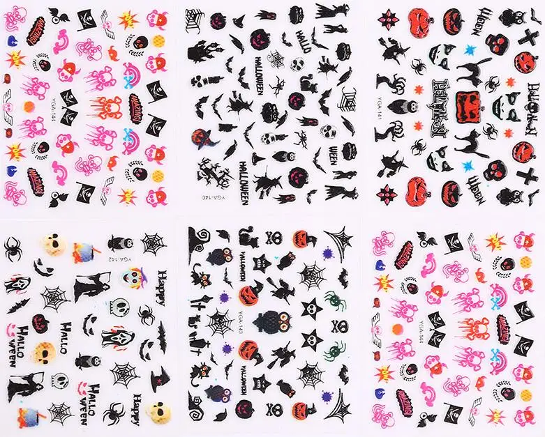 24 Простыни Хэллоуин Дизайн Красота ногтей Наклейки клей передачи 3d череп Тыква