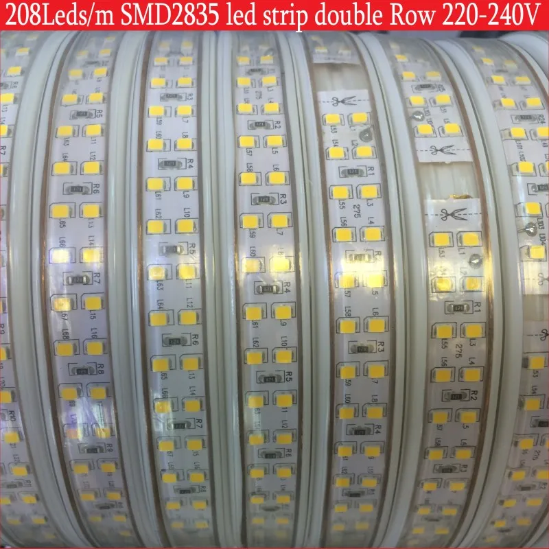 Светодиодная лента 220 В SMD 2835 208 светодиодов/м двухрядная водонепроницаемая