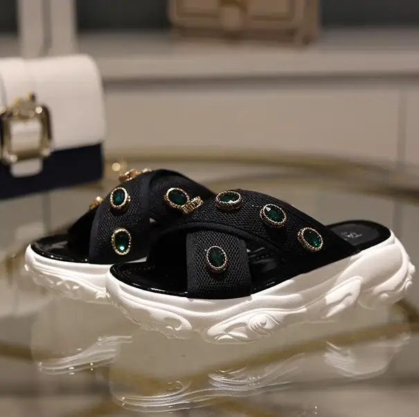 

VIISENANTIN muffin thick-soled sandals slippers female 2019 new rhinestone cross belt mesh slippers women's lazy shoe