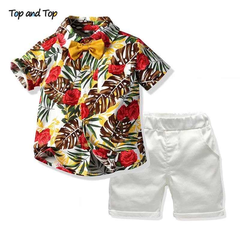 Top and Hawaiian Boy Summer Clothing Set 2019 Kids Short Sleeve Floral Bowtie Shirt+White Shorts 2Pcs Suit Children |