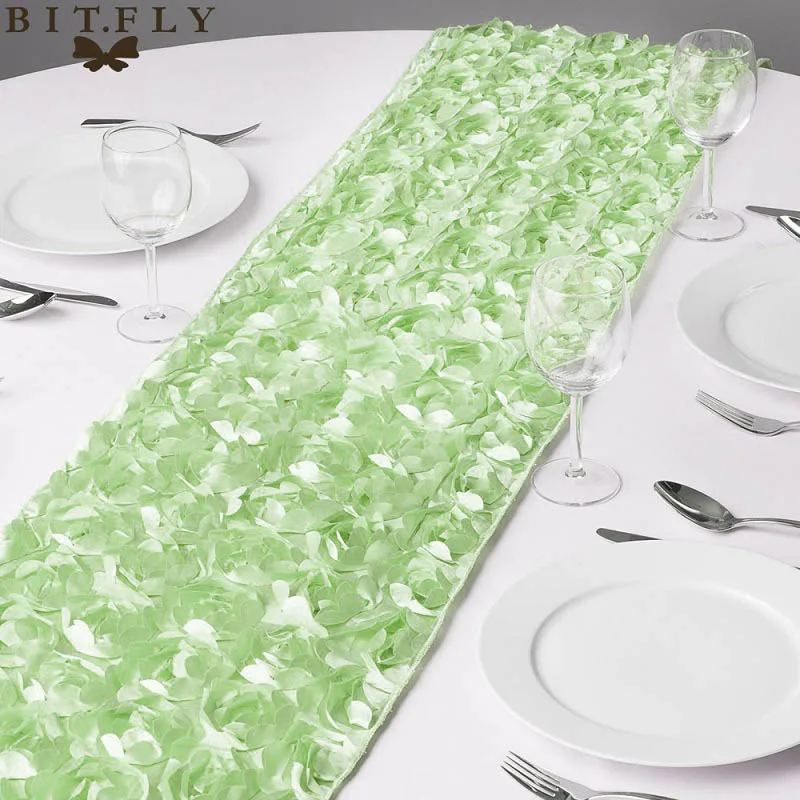 light green Новые модные атласные настольные дорожки с розочками 30x275 см, 3D грандиозная Роза, украшения для свадебной вечеринки, домашний текстиль, настольные дорожки - Цвет: light green