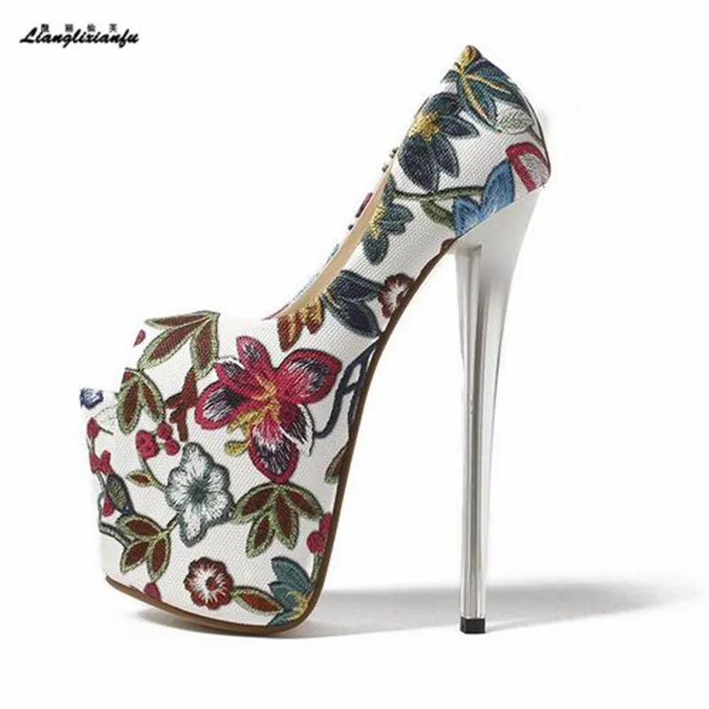 LLXF zapatos/Большие размеры: 34-42, 43, Летние Босоножки с открытым носком и цветочным принтом пикантные туфли на тонком высоком каблуке 20 см для ночного клуба женские туфли-лодочки на шпильке