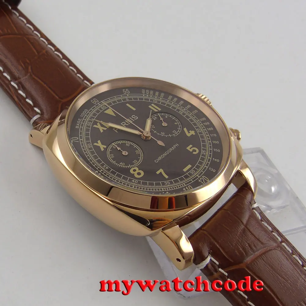 44 мм Parnis кофе циферблат позолоченный чехол секундомер часы Полный Хронограф