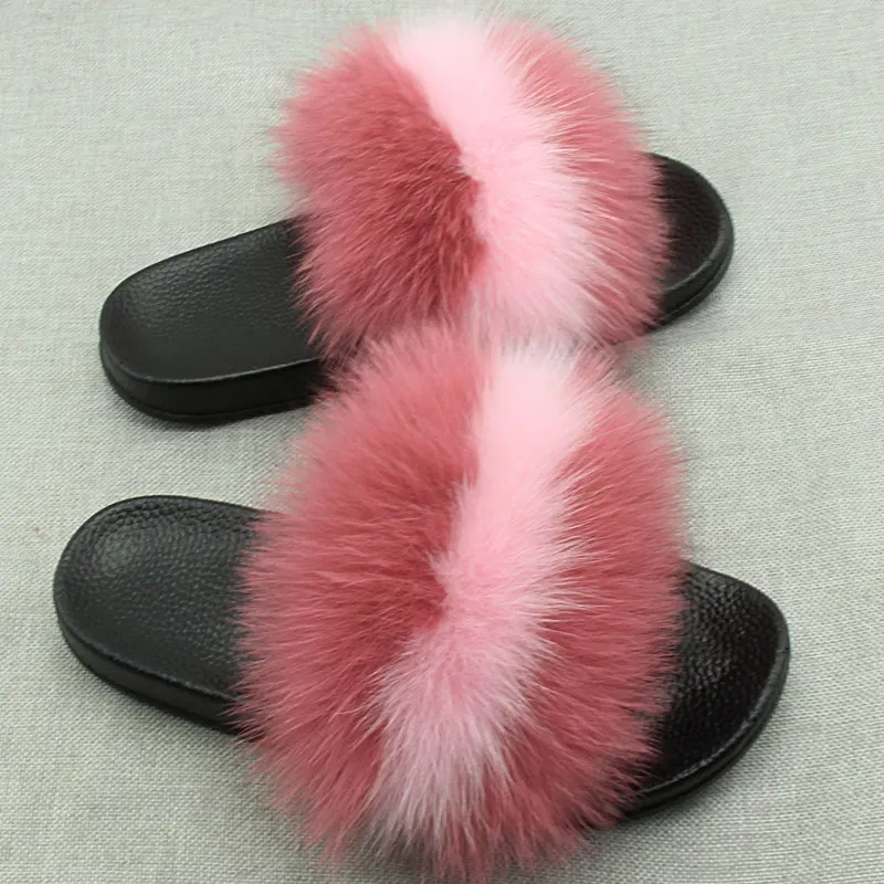 Watermelon red pink Для женщин из натурального Лисьего меха, обувь без шнуровки, на меху; Летние сандалии для пляжа пляжные сандалии шлепанцы без задника с открытыми пальцами Туфли без каблуков Женские уличные туфли Пышная юбка с рисунком лисы - Цвет: Watermelon red pink