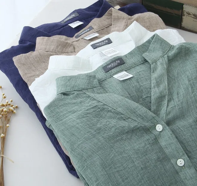 Женская блузка из хлопка и льна Повседневная Свободная рубашка с рукавом три