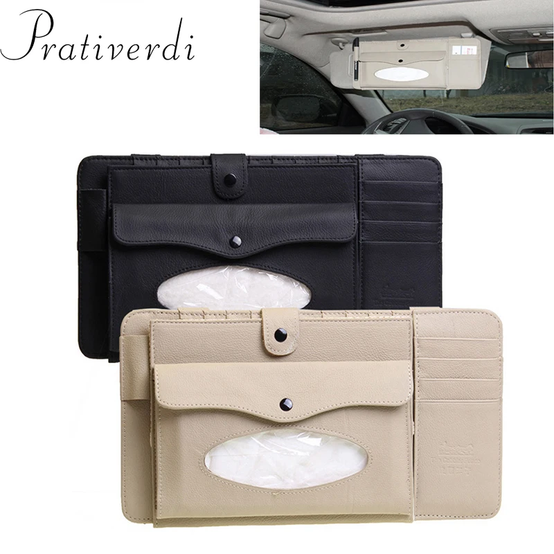 

New 3 in 1 Leather CD Case Car DVD Sun Visor Box With Tissue Travel Organizer For Glasses Business Card Storage Bag