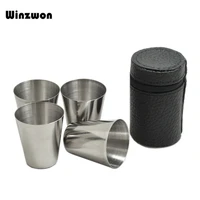 4pcsset 30ml stainless steel polished wine drinking shot glasses cup with leather cover case bag barware for home kitchen bar