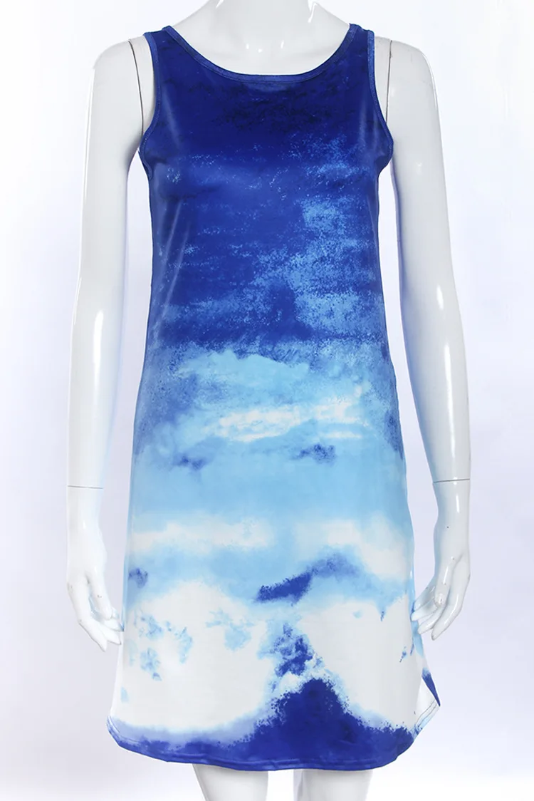 Summer Women Casual Loose Sleeveless O Neck Mini Dress Clubwear Fashion Blue Gradient Dresses Beach Vestidos | Женская одежда