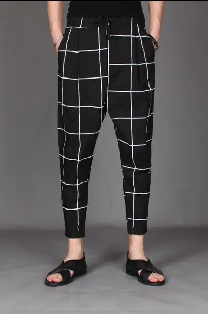 

M-3XL!!! New style plaid hemp pants men loose foot halen nine-point pants personality stylist casual large size men's pants