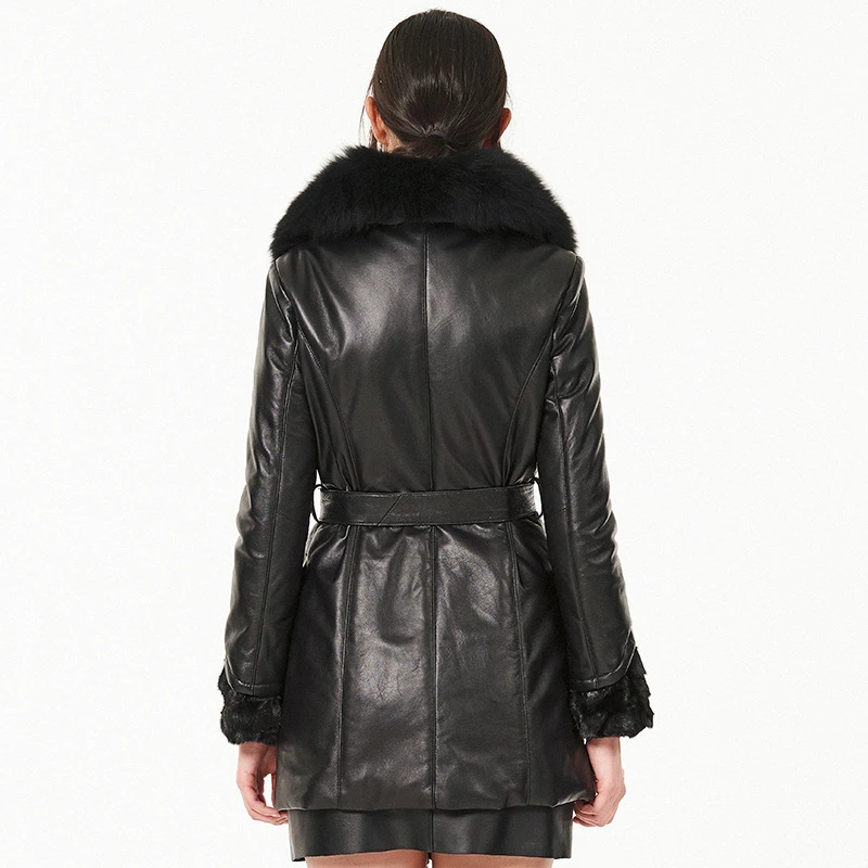 Кожаная куртка женская теплая с лисьим мехом на каждый день W060 | Женская одежда