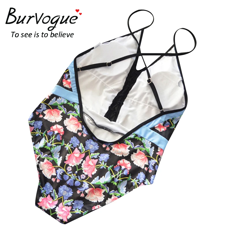 Burvogue printd Одна деталь купальник Для женщин Глубокий V Push Up цветок Купальники для