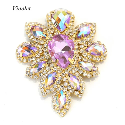 Violet 5,8x4,5 см красочные стеклянные кристаллы, стразы, аппликация, Золотая основа, многоцветная аппликация, пришитые Стразы для свадебного платья B3528 - Цвет: Violet
