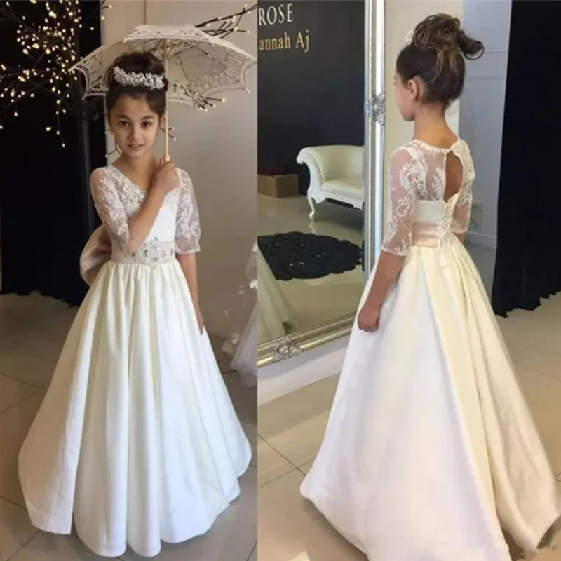 Picture color Винтажное длинное платье с цветочным узором для девочек белое платье трапециевидной формы с коротким рукавом для Первого Причастия платье для девочек на день рождения - Цвет: Picture color