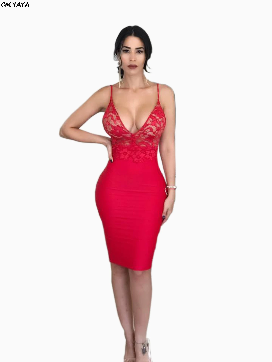 2019 New women lace patchwork spaghetti strap v-neck open back bodycon midi dress nightclub party bandage dresses 3color CY8090 | Женская
