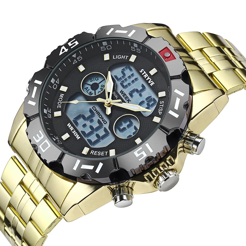 

New Stryve Luxury Brand Watch Men Sport Waterproof Military Quartz Led Clock Men's Stainless Steel Digital Dual Display Watches