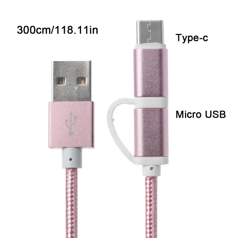 3m Rose gold 2в1 автомобильный Micro usb type C кабель передачи данных для быстрой зарядки для samsung Oneplus Xiaomi huawei htc SONY Автомобильный Кабель - Название цвета: 3m Rose gold