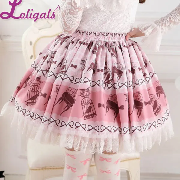 

Sweet Bird in Cage Printed Lolita Pleated Lace Skirt Free Shipping