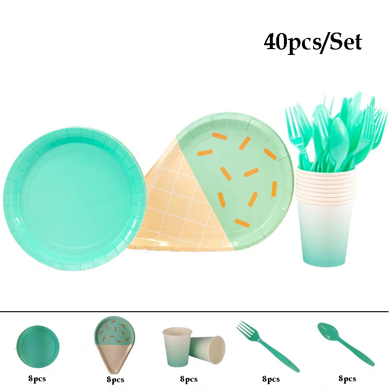 40pcs green 40 шт./компл. в форме мороженого бумажные тарелки для вечеринок одноразовая посуда салфетка для чашек детский душ День рождения Свадебные принадлежности - Цвет: 40pcs green