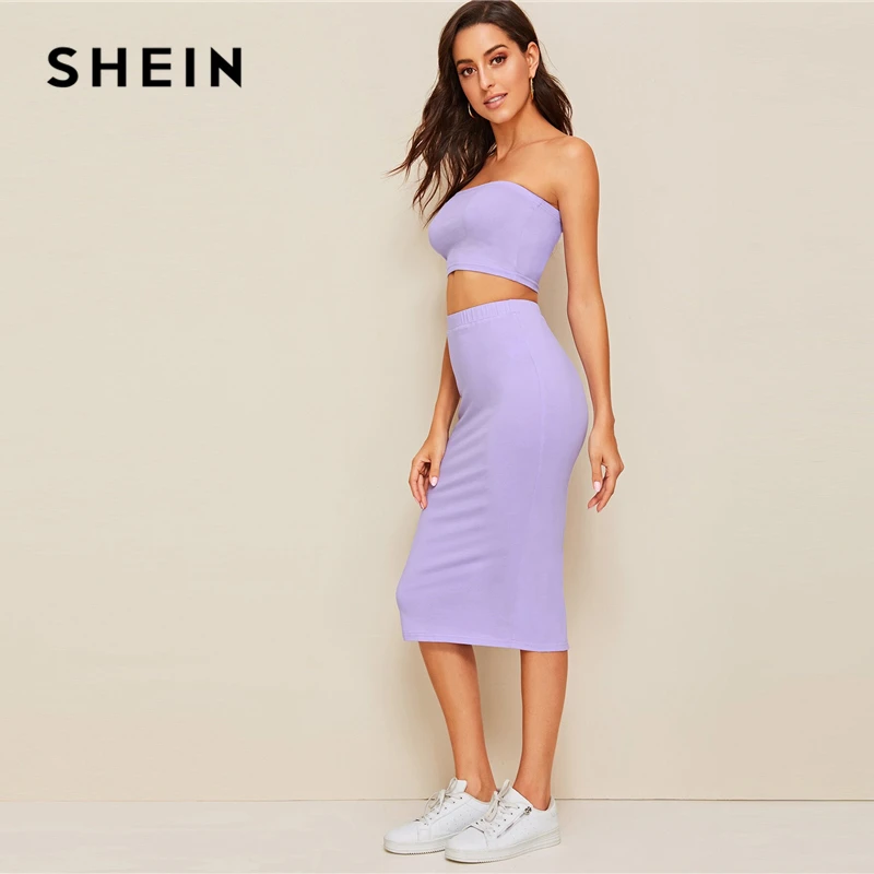 SHEIN комплект из топа бандо и юбки-карандаша с разрезом,, фиолетовый, однотонный, без бретелек, без рукавов, сексуальный летний облегающий комплект из двух предметов