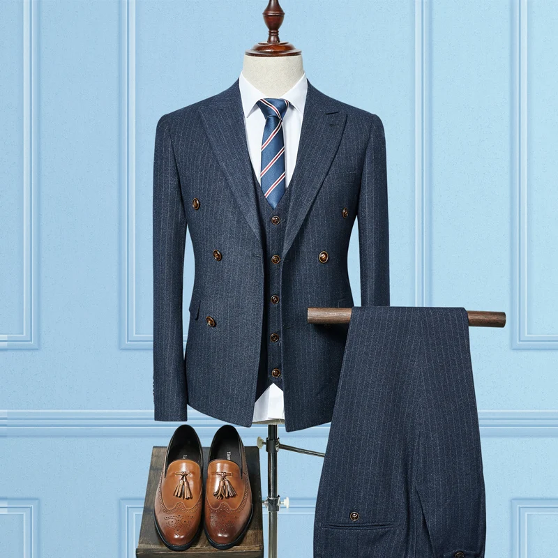 

(Jacket+Vest+Pants) 2018 double breasted Men Suits Fashion wool Men's Slim Fit business wedding Suit men Wedding suit size S-3XL