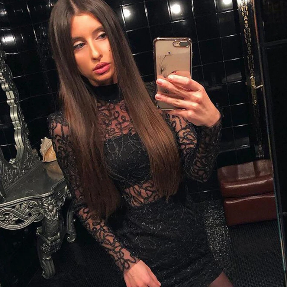 Женское облегающее платье с длинным рукавом и одним вырезом черное Клубное