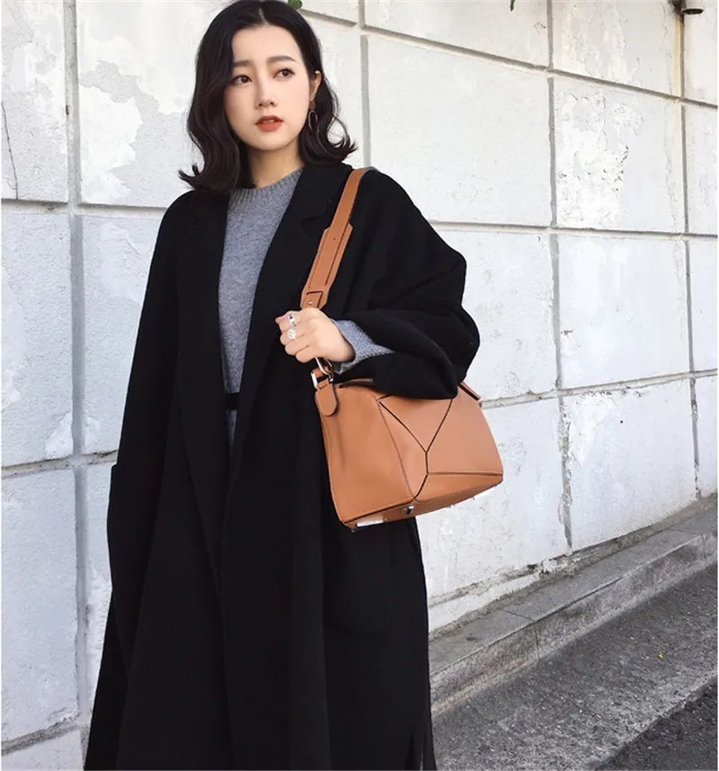 Autumn winter woolen coat women Loose Large size wool coats female Belt slim long Basic coats Both sides of the slit jacket N332