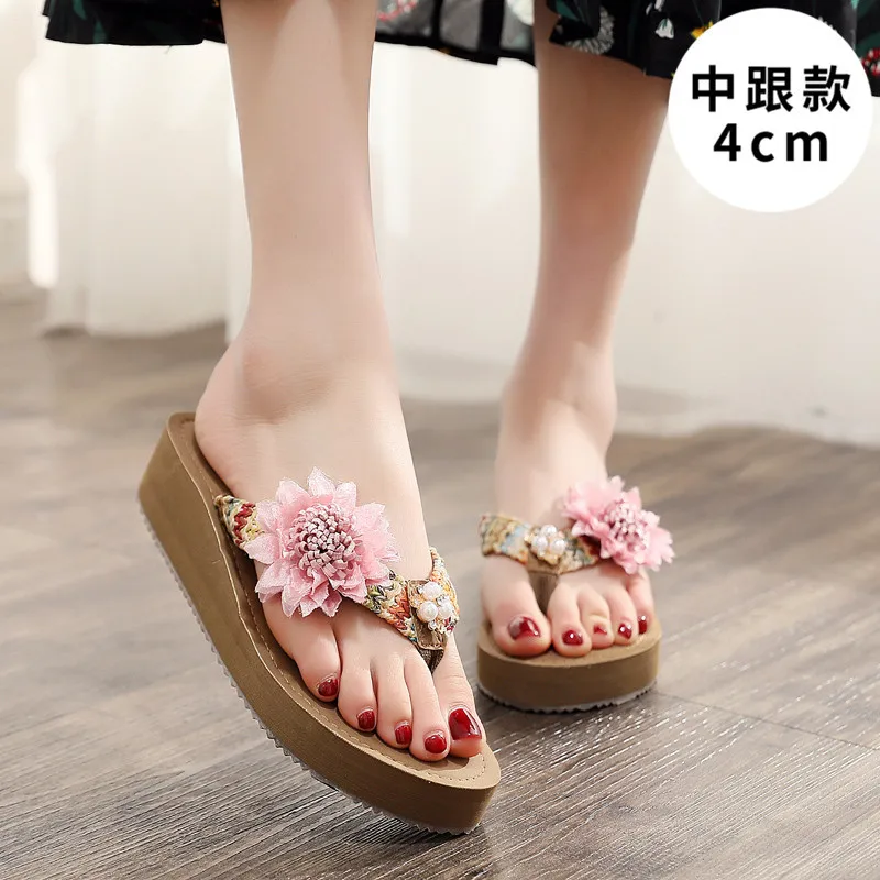 Brown and Pink Женские летние шлепанцы на каблуке высотой 4 см; шлепанцы ручной работы; женские пляжные сандалии в богемном стиле; домашние тапочки; Прямая поставка - Цвет: Brown and Pink