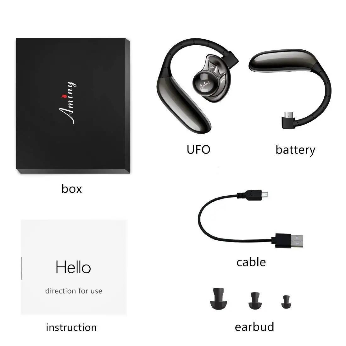 Aminy Black Headset UFO Bluetooth 4.1 Earpiece with Microphone Noise Canceling Wireless Handsfree for IPhone Android Devices New |