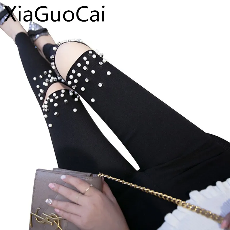 Женские облегающие джинсы с вырезами хлопковые брюки карандаш вышивкой мягкие Lu9